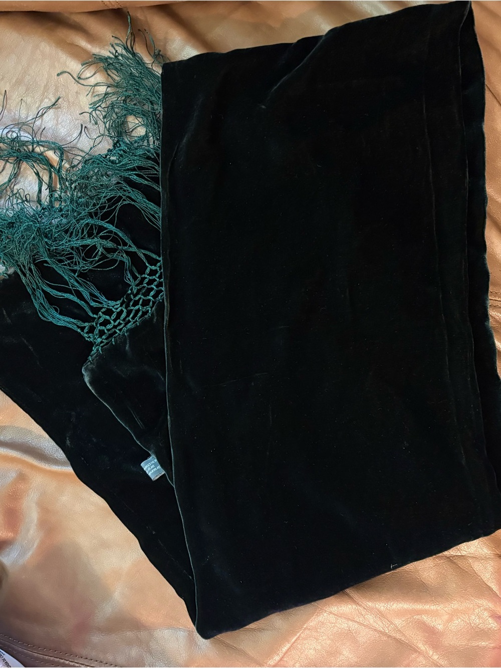 Green Velvet Scarf with Green Fringe